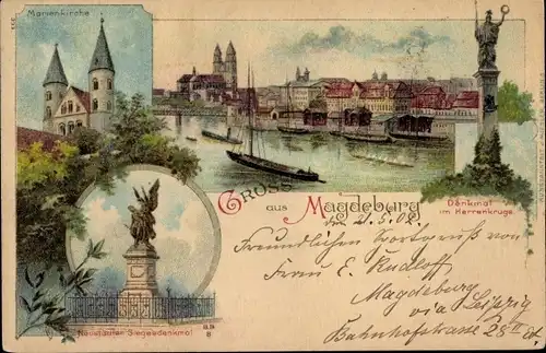 Litho Magdeburg, Marienkirche, Denkmal im Herrenkruge, Neustädter Siegesdenkmal