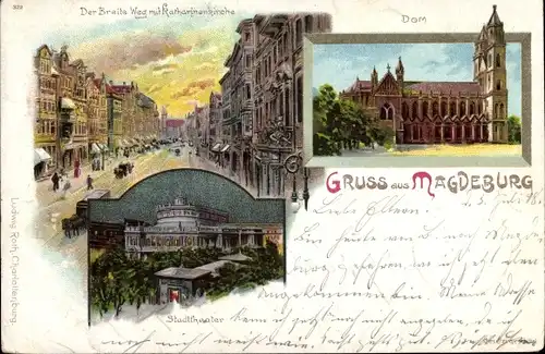 Litho Magdeburg an der Elbe, Breiter Weg, Katharinenkirche, Dom, Stadttheater
