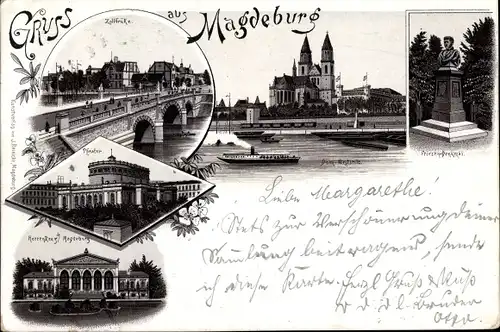 Litho Magdeburg, Zollbrücke, Theater, Friesen Denkmal, Dom, Herrenkrug