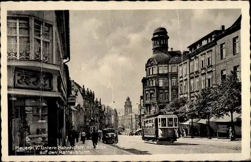 Ak Plauen im Vogtland, Untere Bahnhofstraße, Rathausturm, Straßenbahn