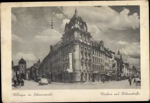 Ak Villingen Schwenningen im Schwarzwald, Blick auf Niederestraße und Bickenstraße, Hotel Blume
