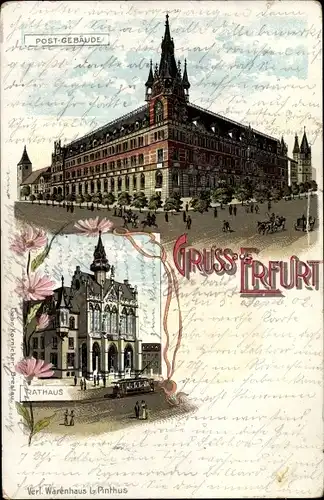 Litho Erfurt in Thüringen, Blick auf das Post Gebäude und Rathaus