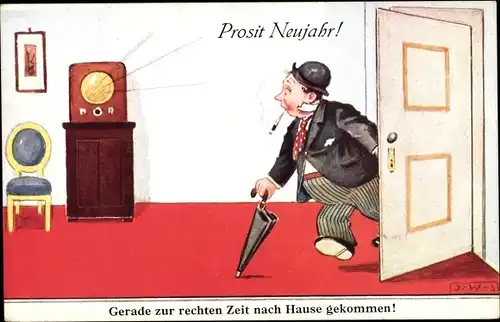 Ak Glückwunsch Neujahr, Mann kehrt Heim, Radio, Gerade zur rechten Zeit