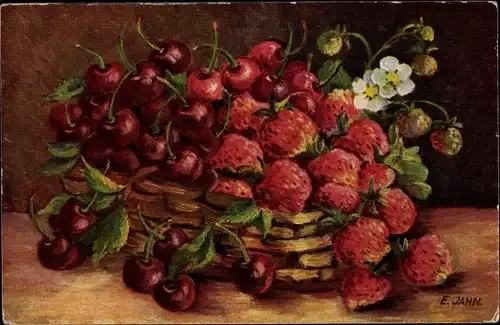 Künstler Ak Jahn, E., Stillleben, Obstkorb mit Erdbeeren und Kirschen