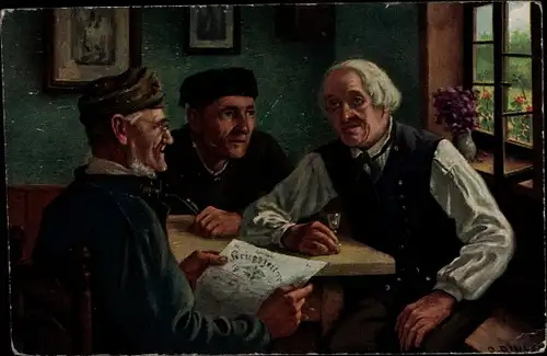 Künstler Ak Dinger, O., Dorfstrategen, Männer im Gasthaus mit Kriegszeitung