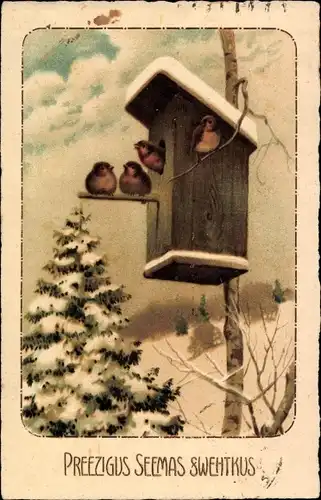 Litho Glückwunsch Neujahr, Rotkehlchen an einem Nistkasten im Winter, Vogelhaus