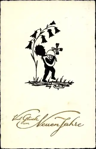 Künstler Ak Glückwunsch Neujahr, Kind mit Kleeblatt, Blume