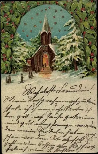 Präge Litho Winterlandschaft mit Kirche bei Nacht