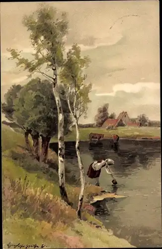Litho Frau holt Wasser aus einem Teich, Landschaft, Vom Lebenswege