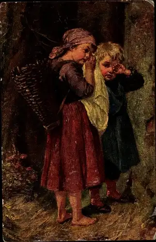 Künstler Ak Schultheiß, Karl, Verirrt, zwei Kinder im Wald