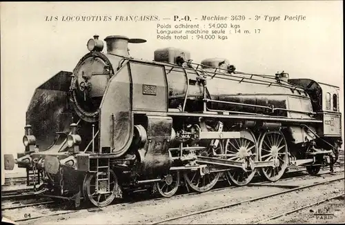 Ak Les Locomotives Francaises, P. O., Machine 3630, 3e Type Pacific, Französische Eisenbahn