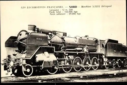 Ak Les Locomotives Francaises, Französische Eisenbahn, Lokomotive, Nord, Machine 5.1212 Decapod