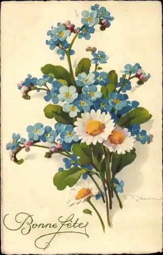 Künstler Ak Klein, Catharina, Margeriten, blaue Blüten
