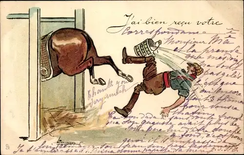 Künstler Litho Thackeray, Lance, Pferd tritt Mann mit Wassereimer