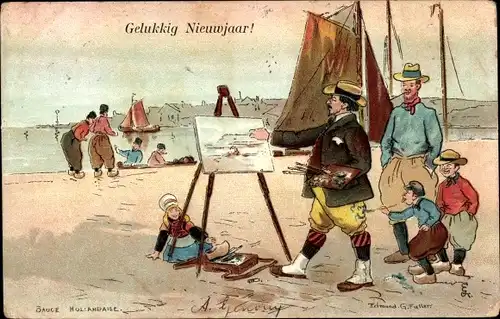 Künstler Ak Fuller, Erlmund G., Glückwunsch Neujahr, Maler am Strand, niederländische Volkstrachten