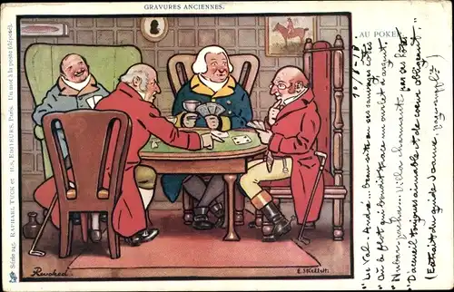 Künstler Ak Gravures Anciennes, Au Poker, Männer spielen Karten