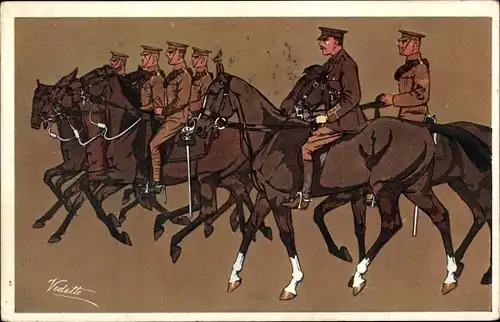 Künstler Ak Vedette, britische Soldaten in Uniformen, Pferde, on active service