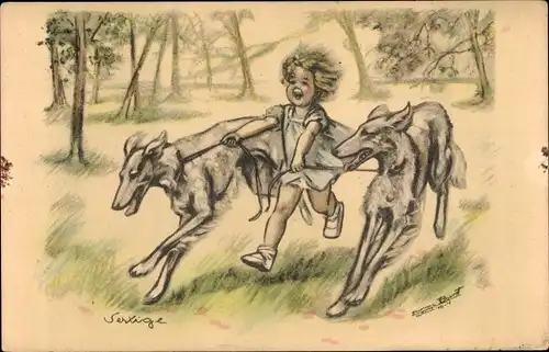 Künstler Ak Bouret, Germaine, Mädchen rennt mit zwei Windhunden durch den Park