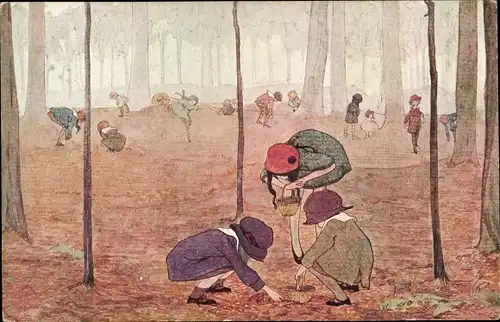 Künstler Ak Cramer, Rie, Lentebloemen, Beukenootjes, Kinder im Wald