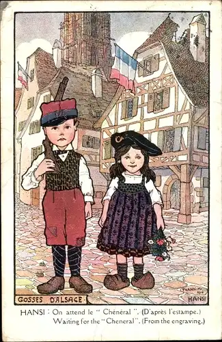 Künstler Ak Hansi, Gosses d'Alsace, on attend le Cheneral