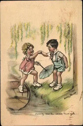 Künstler Ak Bouret, G., Mädchen steigt aus dem Boot aus, Schirm, Hilfsbereiter Junge