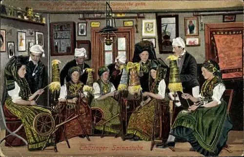 Ak Thüringer Spinnstube, Thüringer Trachten, Spinnräder