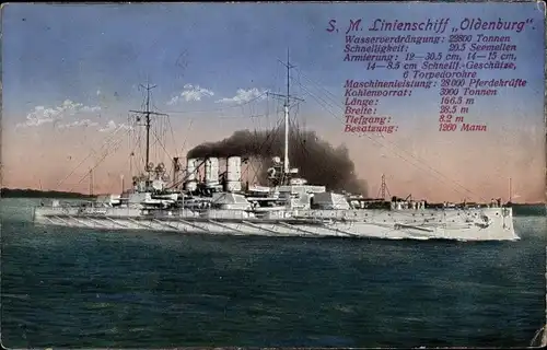 Ak Deutsches Kriegsschiff, SMS Oldenburg, Linienschiff, Kaiserliche Marine