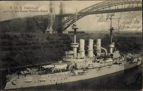 Ak Deutsches Kriegsschiff, SMS Hannover, Kaiser Wilhelm Kanal, Hochbrücke, Kaiserliche Marine