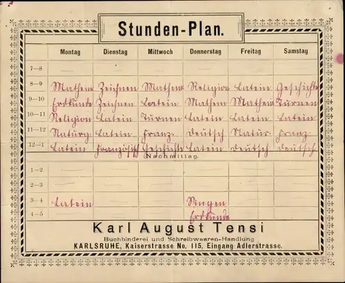 Stundenplan Buchbinderei Karl August Tensi, Karlsruhe, Kaiserstraße 115 um 1930