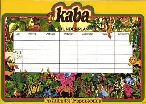 Stundenplan Relame KABA Kakao, Urwald mit Wildtieren, Im Kaba ist Tropensonne um 1970