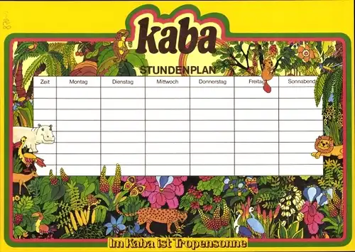 Stundenplan Relame KABA Kakao, Urwald mit Wildtieren, Im Kaba ist Tropensonne um 1970