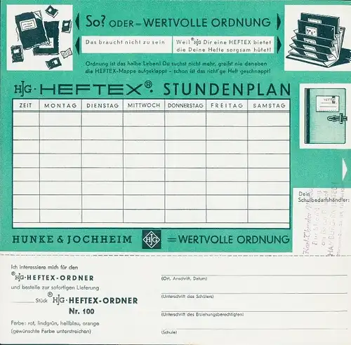 Stundenplan Heftex Ordner, Hefter, Schildchen Büromaterial um 1970