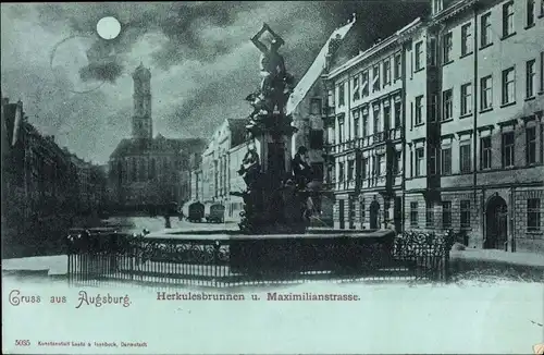 Mondschein Ak Augsburg in Schwaben, Herkulesbrunnen, Maximilianstraße