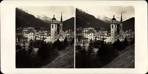 Stereo Foto Sankt Moritz Dorf Kanton Graubünden, Schiefer Turm