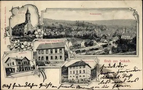 Ak Seckach in Baden, Kirche, Bahnhof, Gasthaus zum grünen Baum, Schulhaus, Panorama