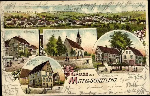 Litho Mittelschefflenz Schefflenz in Baden, Pfarrhaus, Kirche, Gasthaus zur Linde, Rathaus, Handlung