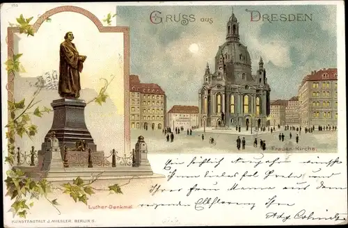 Litho Dresden Altstadt, Frauenkirche, Luther Denkmal