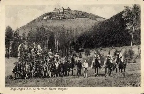 Ak Augustusburg, Jagdwagen des Kurfürsten Vater August, Schloss, Reiter