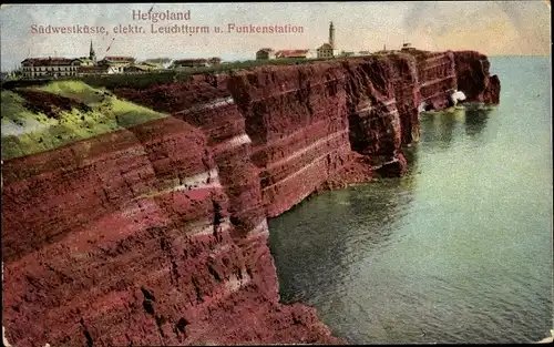 Ak Nordseeinsel Helgoland, Südwestküste, elektr. Leuchtturm und Funkenstation