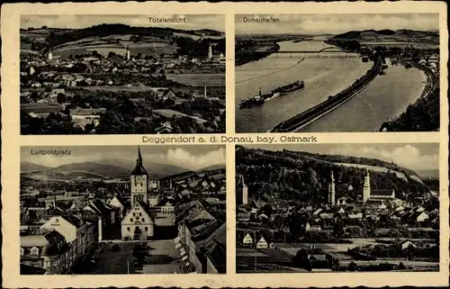 Ak Deggendorf im Bayerischen Wald Niederbayern, Totalansicht, Donauhafen, Luitpoldplatz