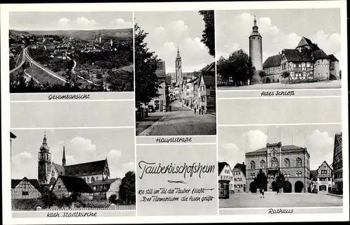 Ak Tauberbischofsheim in Baden, Gesamtansicht, Hauptstraße, Altes Schloss, Rathaus