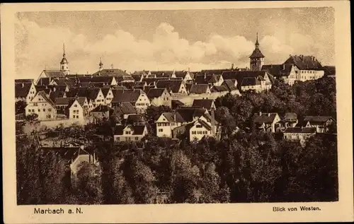 Ak Marbach am Neckar, Teilansicht vom Ort mit Kirche u. Oberem Torturm, Blick von Westen