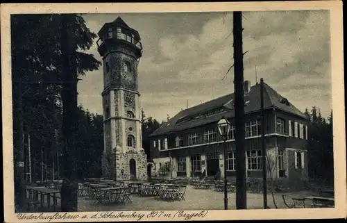 Ak Scheibenberg im Erzgebirge Sachsen, Unterkunftshaus, Terrasse, Turm