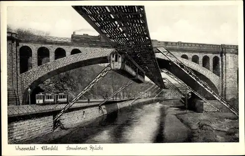 Ak Elberfeld Wuppertal, Sonnborner Brücke, Schwebebahn, Straßenbahn, Eisenbahn