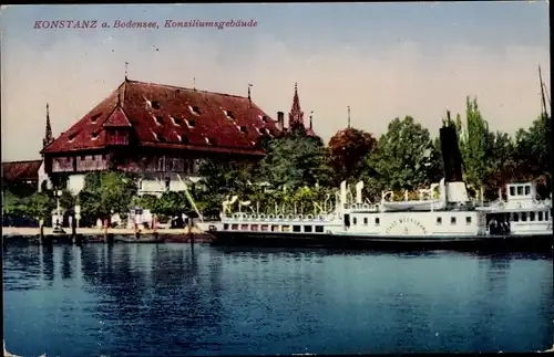Ak Konstanz am Bodensee, Konziliumsgebäude, Dampfer