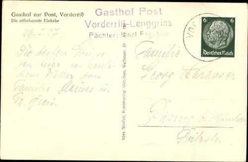 Ak Vorderriß Lenggries Bayer. Hochgebirge, Gasthof zur Post