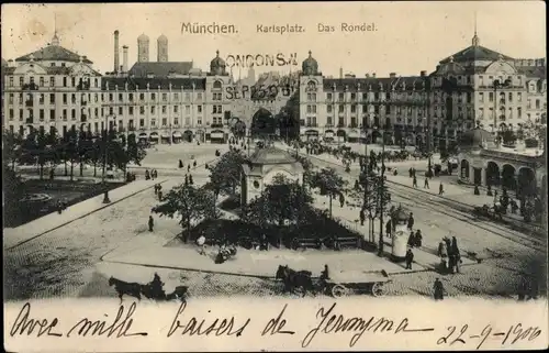 Ak München, Karlsplatz, das Rondel, Kutschen