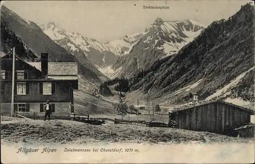 Ak Spielmannsau Oberstdorf im Oberallgäu, Berghütte mit Trettachspitze