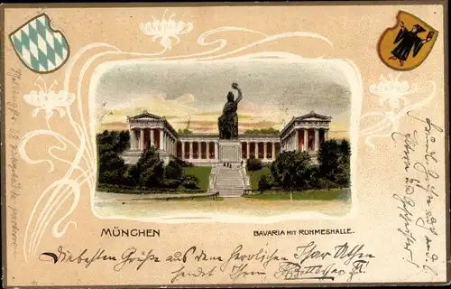 Passepartout Ak München, Bavaria mit Ruhmeshalle, Wappen