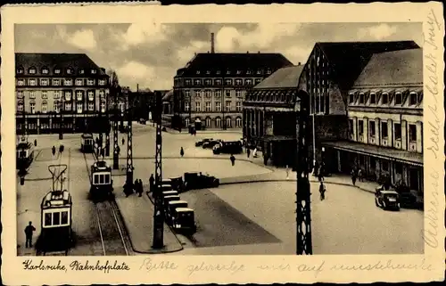 Ak Karlsruhe in Baden, Bahnhofplatz, Straßenbahn